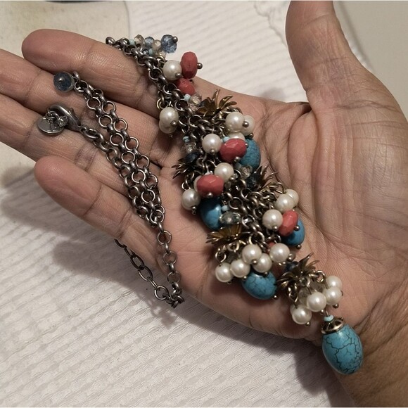 Talbots Cluster Fringe Statement Necklace Howlite Turquoise Pearls - Picture 7 of 7